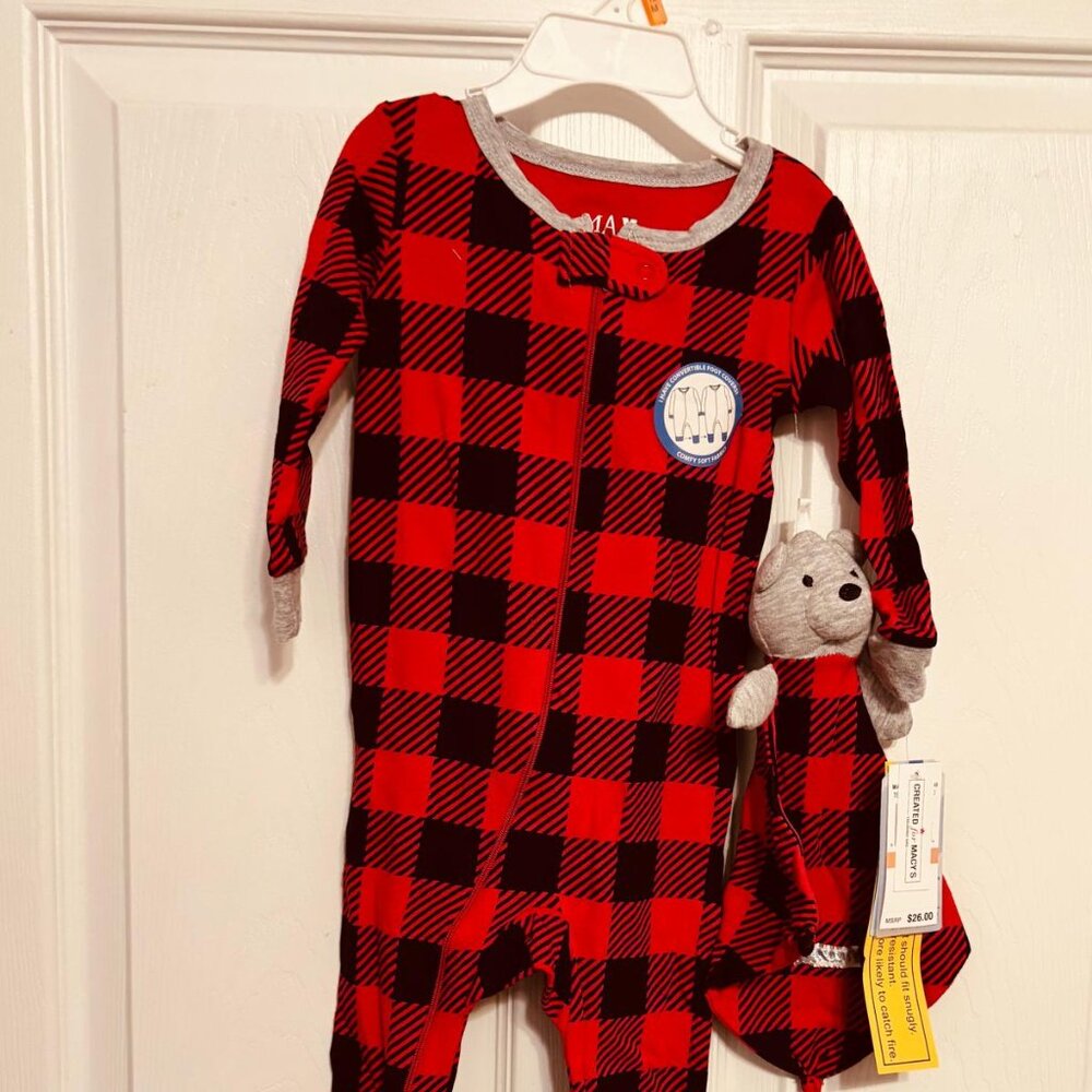 Max & Olivia Baby Buffalo Plaid Footed Sleeper with Lovey Red 12M